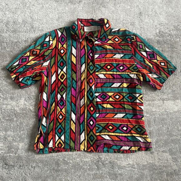 Adrianna Papell Shirt Womens 4 Vintage Retro 100% Silk 80’s Short Sleeve Button - Picture 1 of 7